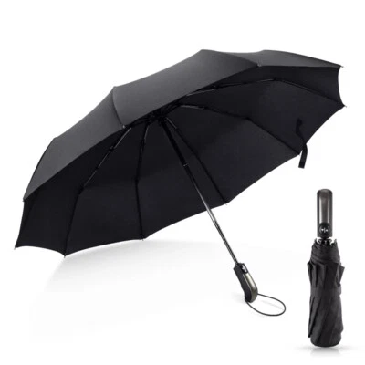 Mens Windproof 10 Ribs Strong Automatic Umbrella Large Compact Travel Folding UK