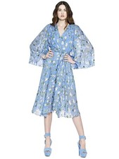 Alice + Olivia Halsey Bellsleeve Midi Dress Floral Blue Belted Size 2 NWOT
