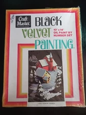 1970s CraftMaster Black Velvet Oil Paint By Number Kit Country Church Sealed VTG