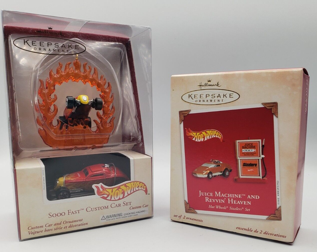 (2) Hot Wheels Hallmark Ornament Juice Machine & Sooo Fast 2002 Ornaments Orange