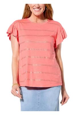 DG2 by Diane Gilman Flounce-Sleeve Top w/Crystal Embellishments Coral