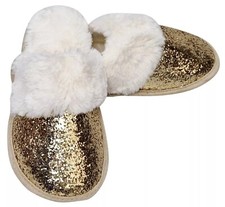 AVON Gold Glitter White Faux Fur Soft Insole Trim Slippers Mules Small UK 4