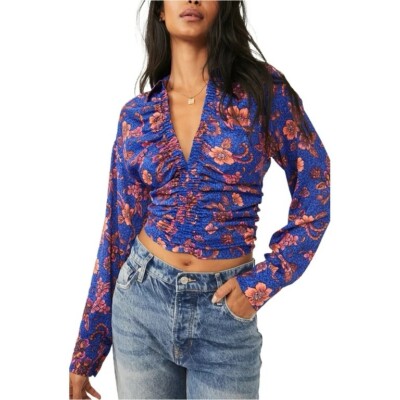 Free People I Got You Print Crop Top long sleeve Retro Y2K In Royal  Small  NWOT