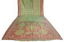 FNC Vintage Saree Indian Green Woven Ikat Blend Silk Sari Craft Fabric 5YD