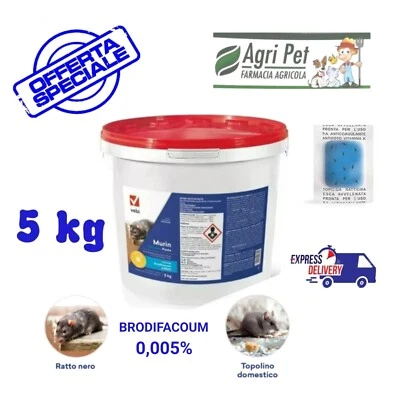 VELENO TOPI RATTI VEBI MURIN FACOUM esca in PASTA secchio 5Kg BRODIFACOUM 0,005