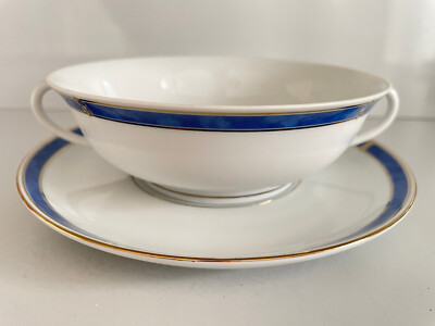 CHRISTOFLE Porcelaine Oceana Bleu SUPPENTTASSE mit Untere ungenutzt  Micro Gold