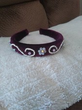 Velvet Natural Pearl Crystal Rhinestone Purple Burgundy Headband