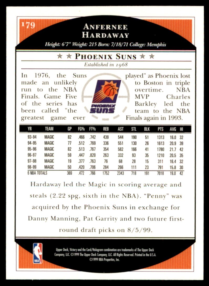 1999-00 Upper Deck Victory Anfernee Hardaway Phoenix Suns