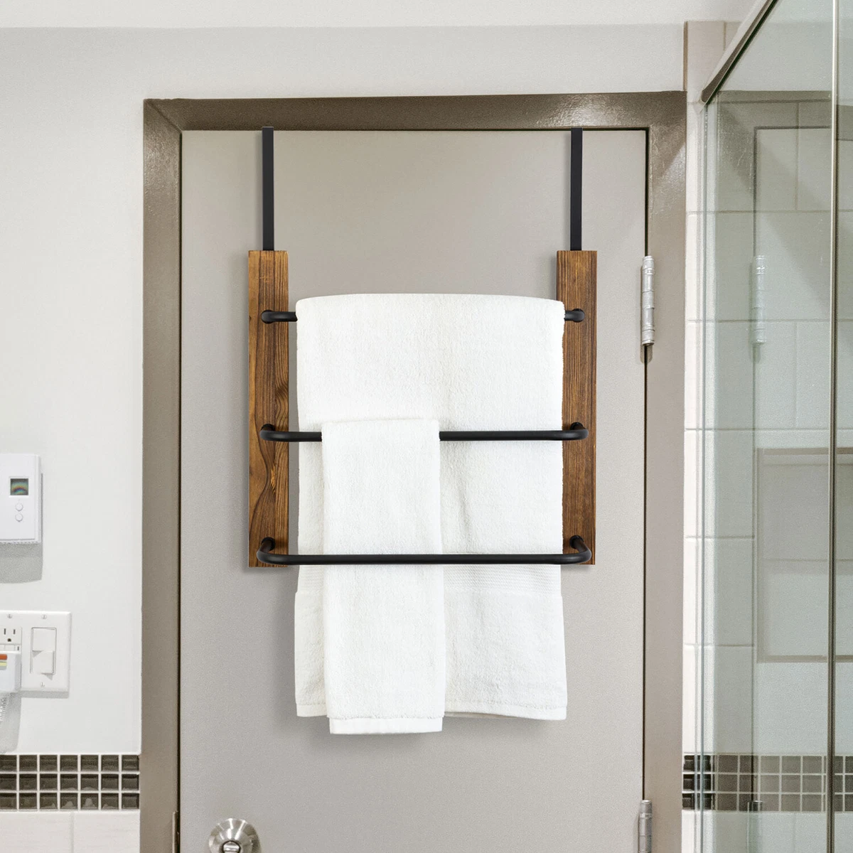 Rustic 3-Tier Wall Mounted Brown Wood Bathroom Shelves w/Hanging Hand Towel  Bar