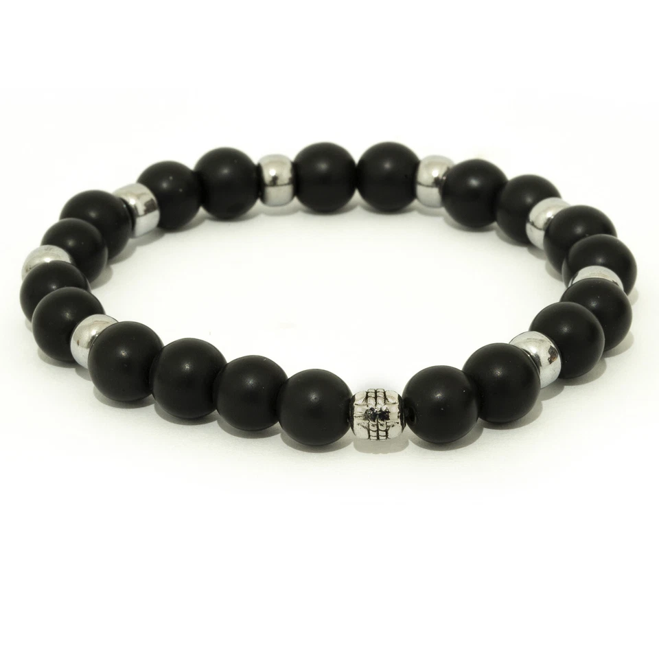 Braccialetto bracciale elastico da uomo nero pietra ONICE anelli ACCIAIO regalo - Immagine 4 di 4