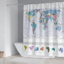 World Map Shower Curtain with Major Cities, Funny Kids Education Bathroom