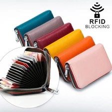 RFID Blocking Women Men Genuine Leather Wallet Credit Card Holder Zipper Pocket