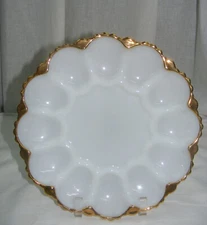 Vintage Anchor Hocking Milk Glass Deviled Egg Tray Plate Gold Scalloped Rim
