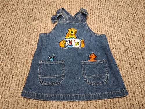 Vintage Bär im großen blauen Haus Denim Cartoon TV Overall 12 Monate selten Mädchen