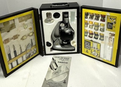 Vintage 1980 Tasco Deluxe Microscope 952P Wooden Case & Accessories *Not Working