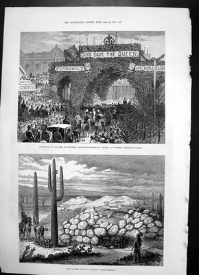 Antiker alter Druck bemalt Felsen Arizona Empfang Earl Dufferin Victoria 1876