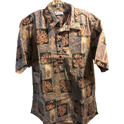 Malihini Vintage Men s L orange Triball Short Sleeve Button Up Hawaiian Shirt