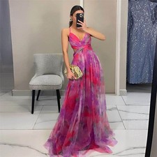 Summer Backless Women Strappy V Neck Maxi Swing Dress Boho PRINTED Holiday
