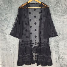 Womens Kimono Medium Black Whimsigoth Duster Sheer Embroidered Floral Festival