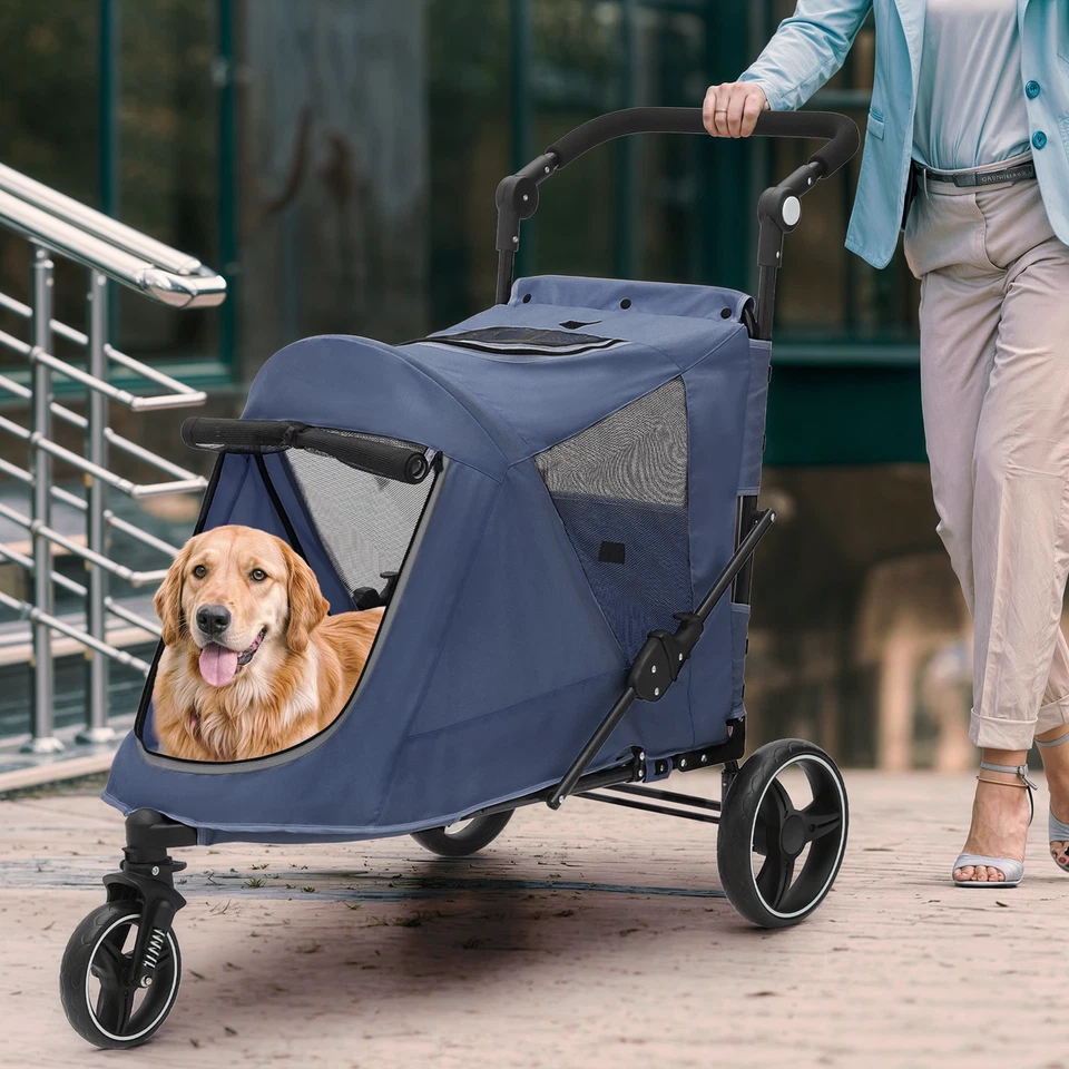 Folding Dog Stroller Blue Portable Pet Travel Carrier Cart w/Foot Activated Lock - Image 4 of 4