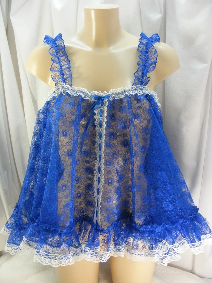 Camisola de encaje azul real transparente sissy lencería cami lolita CD TV unisex Foto 2 de 4