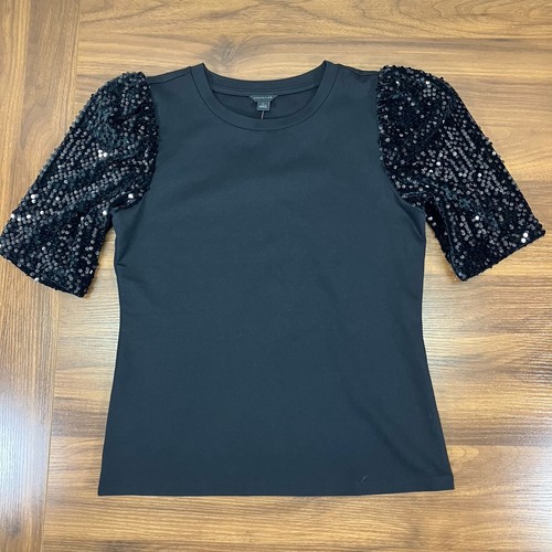 Ann Taylor Womens Black Stretchy Sequins Puff 1/2 Sleeve Blouse Shirt Size XS - Picture 3 of 6