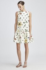 Oscar de la Renta Silk Faille SAC DRESS FLOUNCE Black Polka Dot Ecru Size 0 / XS
