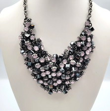 Pale Pink Rhinestone Bib Statement Necklace Gunmetal Gray Chain Black Cube