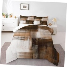Brown Abstract Art Comforter Set for Kids Boys Girls Modern Queen Brown White
