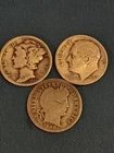 3 Coin Dime Lot , Mercury Roosevelt Barber 90% Silver Bullion Silver Certificate