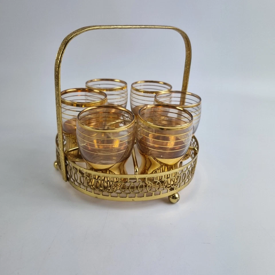 Vintage Gold Rim Shot Glasses Set of 6 with Ornate Metal Carrier Barware Decor - Image 4 of 4
