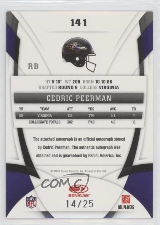 2009 Certified Mirror Gold Signatures /25 Cedric Peerman #141 Rookie Auto RC - Image 2 of 2