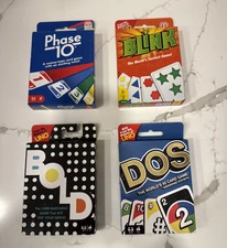 Family Game Night Lot of 4 Assorted Card Game Packs Uno Phase 10 Bold Blink Dos