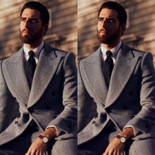 Men's Gray Suit Herringbone Tweed Blend Double Breasted Peak Lapel Casual Warm