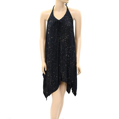 268722 Ecote Urban Outfitters Echo Halter Mini Dress Asymmetrical Black  Print S