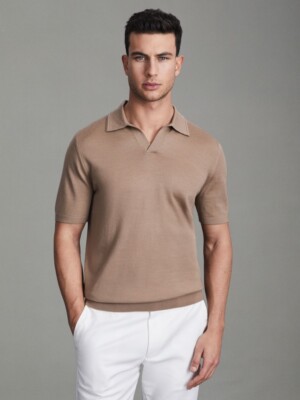 REISS HERREN Duchie Merino Wool Open Collar Polo Shirt Top in Camel Größe M