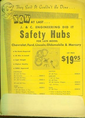 C. 1960 J & C Engineering Safety Hubs sales product flyer