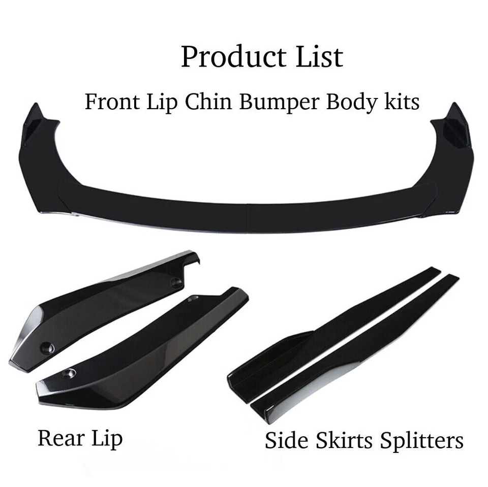 Universal Front Bumper Spoiler Body Kit / Side Skirt /Rear Lip Set Glossy Black - Image 4 of 4