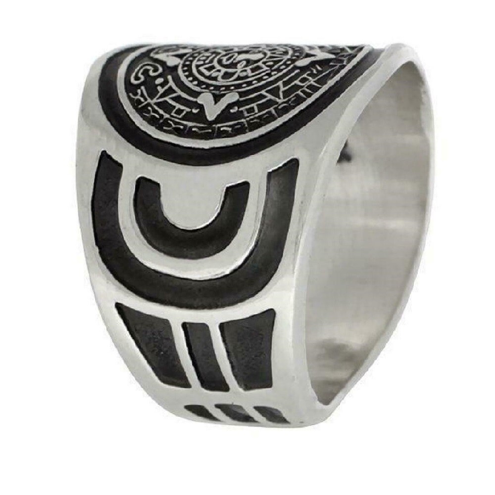 Claddagh Gold Sterling Silver Aztec Sun Calendar Signet Ring – Handcrafted Mayan Statement Ring