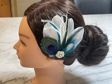Fascinator feather clip Peacock Ivory Cream Teal bridal photo prop headdress