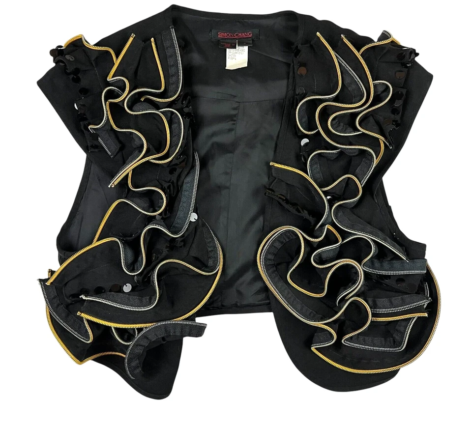 Simon Chang 装饰荷叶边背心女式 6 码黑色带亮片和拉链装饰 — 第 4/4 张图片