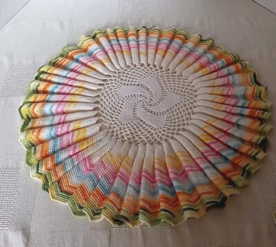 Vintage Handmade Pair Multicolor Crochet Dollies Chevron Colorful Large 16 In...