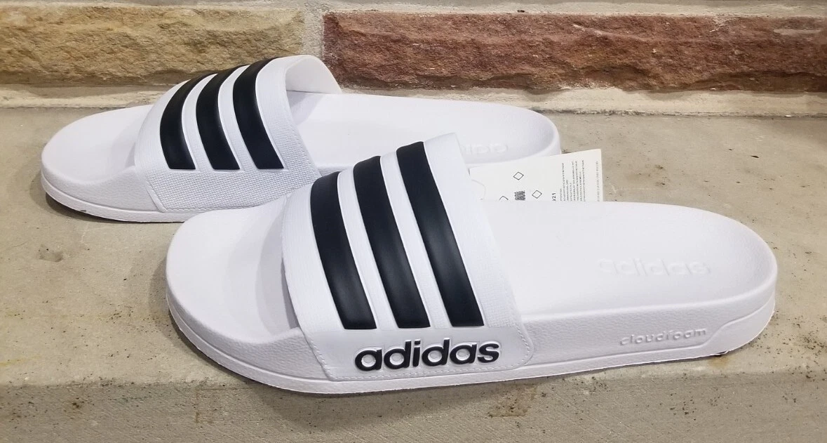 ADIDAS Slides doccia Adilette uomo taglia 11 12M nuovi con etichette GZ5921 BIANCO NERO A RIGHE