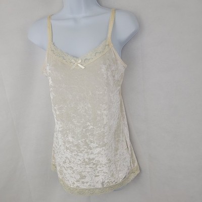 FADED GLORY Sz MED Crushed Velvet Tank Top IVORY Cami Lace 90s Y2K Whimsy Fairy