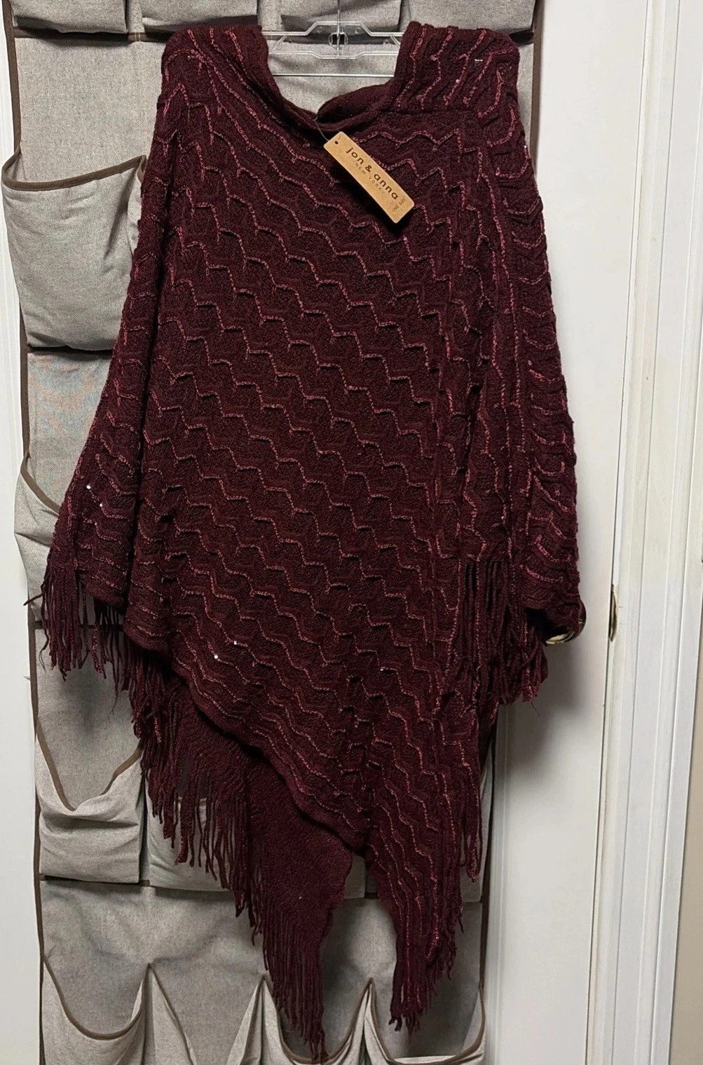 Jon & Anna Burgundy Poncho Sweater Womens One Size Fringed Sequins Boho Chic