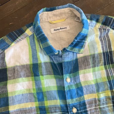 Tommy Bahama Shirt Mens Large Multicolor Plaid Linen Short Sleeve Button Front