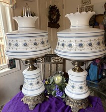 2! Vtg 1970s Quoizel Abigail Adams 3-Way Blue Floral Hurricane Parlor Lamps. 29”