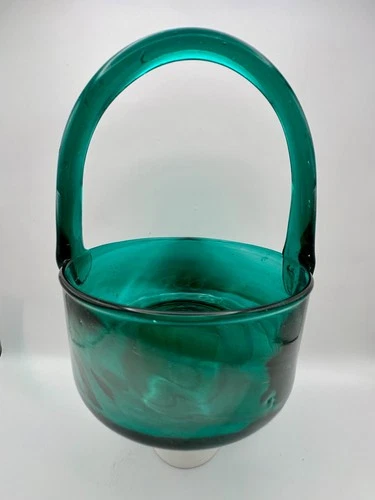🟢 Vintage Blenko Glass Basket Emerald Green Art Glass With Applied Handle