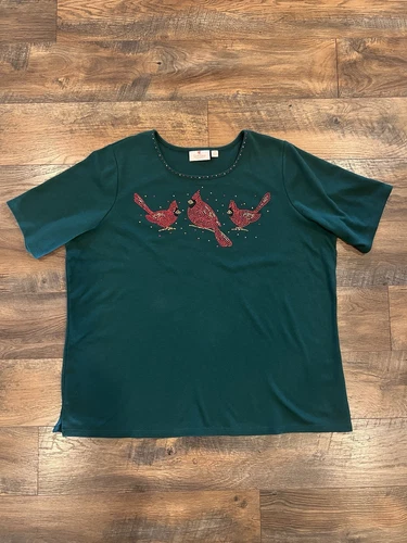 Quaker Factory Cardinal Rhinestone Short Sleeve Green 2X