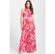 Eliza J Red and Pink Floral Print Halter Pleated Maxi Dress size 8